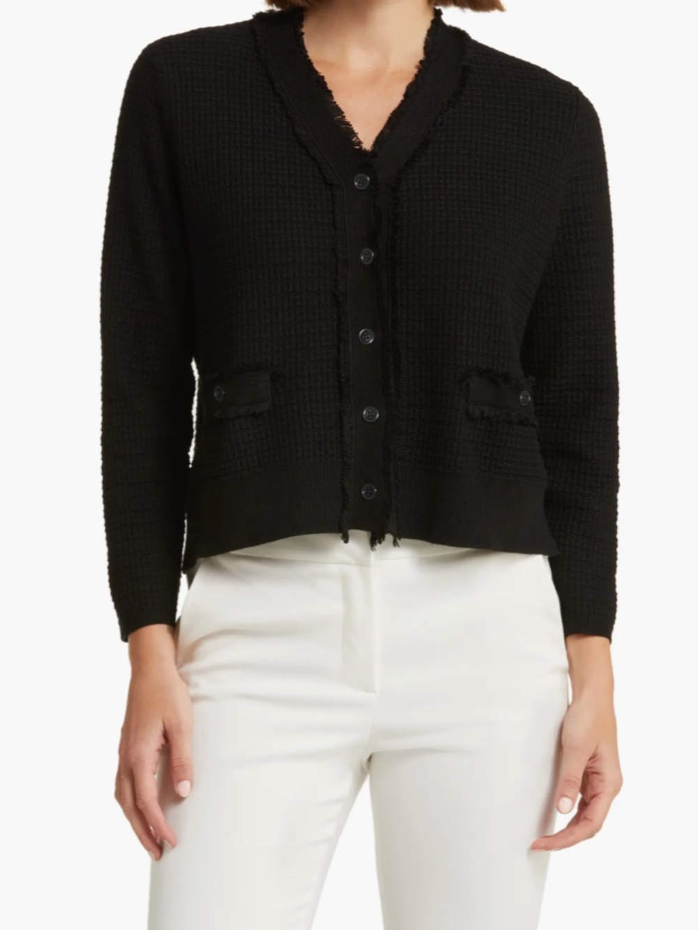 NWT Nordstrom Adrianna Papelle Black Frayed Waffle Knit Cardigan Size Small